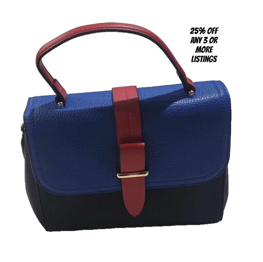 Stylish Blue Black Red Handbag Top Handle Zippered Pockets Tote Purse